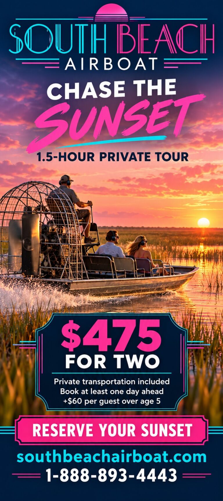 South Beach Airboat Chase the Sunset flyer — 1.5-hour private sunset tour, $475 for two, private transportation included