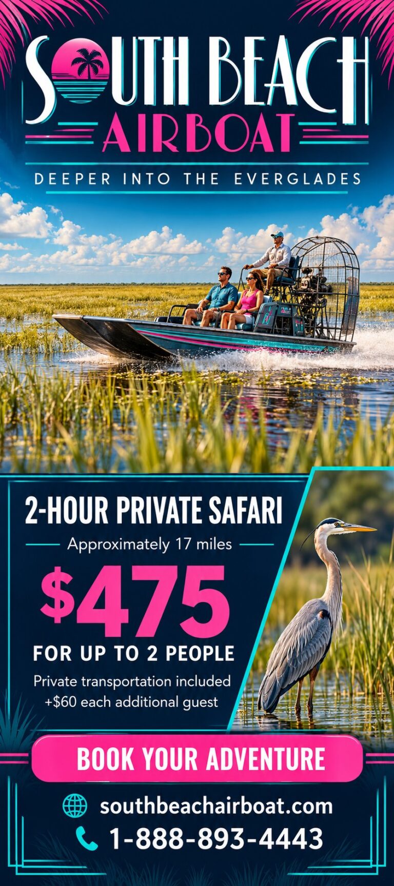 South Beach Airboat 2-hour private Everglades safari flyer — about 17 miles, $475 for up to 2 people, private transportation included