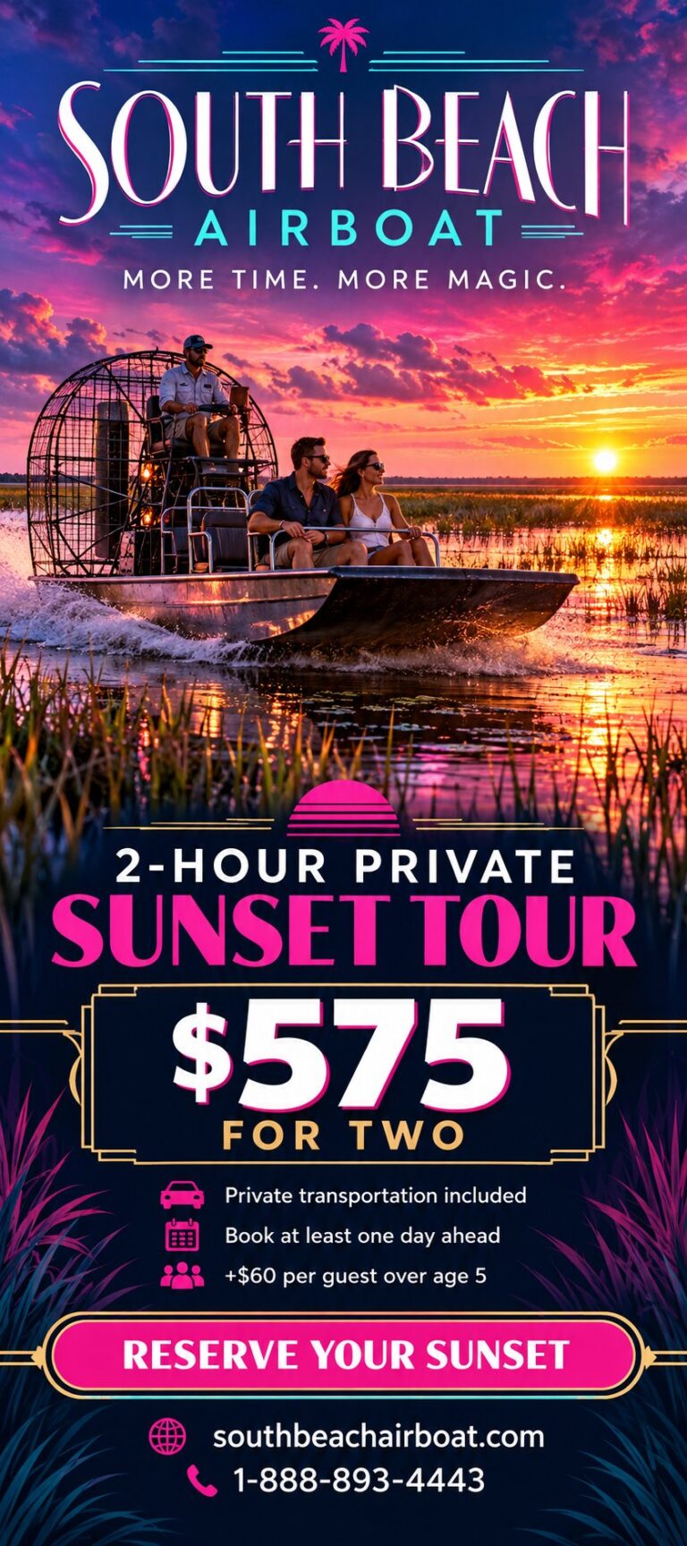 South Beach Airboat 2-hour private sunset tour flyer — $575 for two, private transportation included, book at least one day ahead