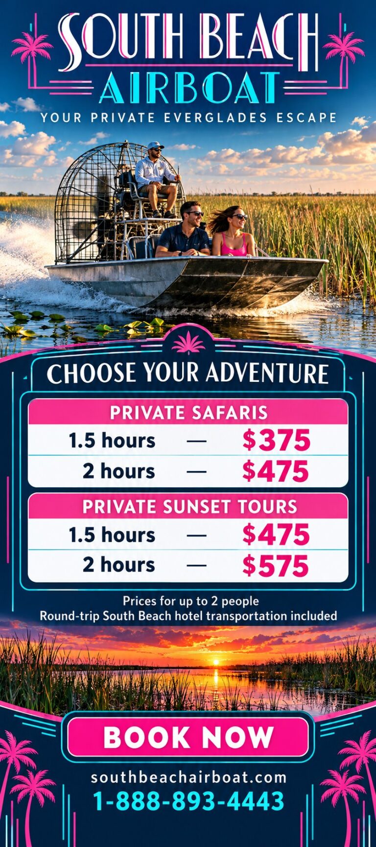 South Beach Airboat Choose Your Adventure price flyer — private safaris $375 and $475, private sunset tours $475 and $575, for up to 2 people